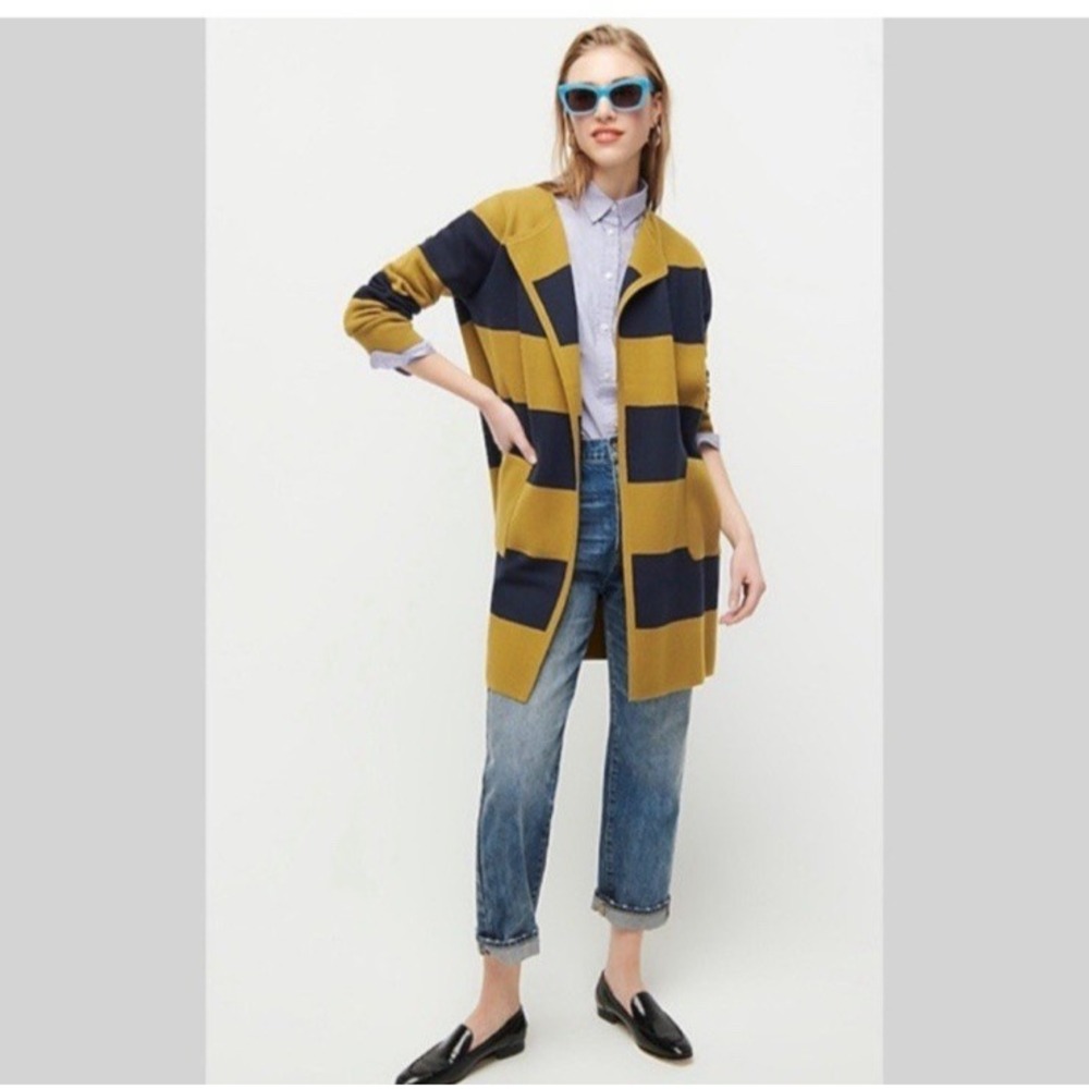 J.Crew Juliette Collarless Sweater XS Rugby Striped Navy‎ Yellow Wool Blend